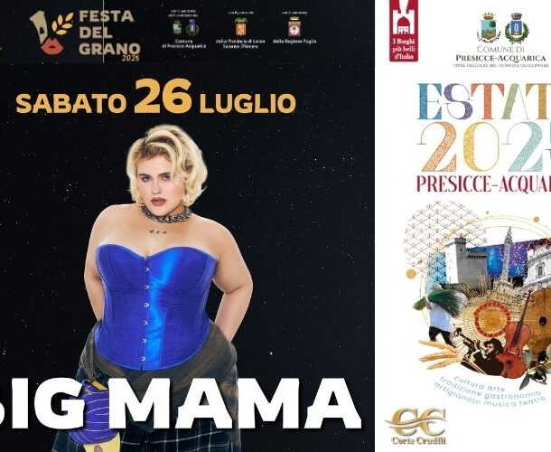 Big Mama live alla Festa del Grano 2025 a Presicce-Acquarica: energia, voce unica e impegno civile tra tradizione, musica e sapori alla Masseria Celsorizzo.