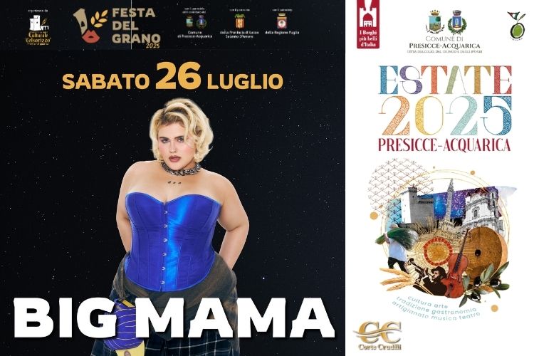 Big Mama live alla Festa del Grano 2025 a Presicce-Acquarica: energia, voce unica e impegno civile tra tradizione, musica e sapori alla Masseria Celsorizzo.